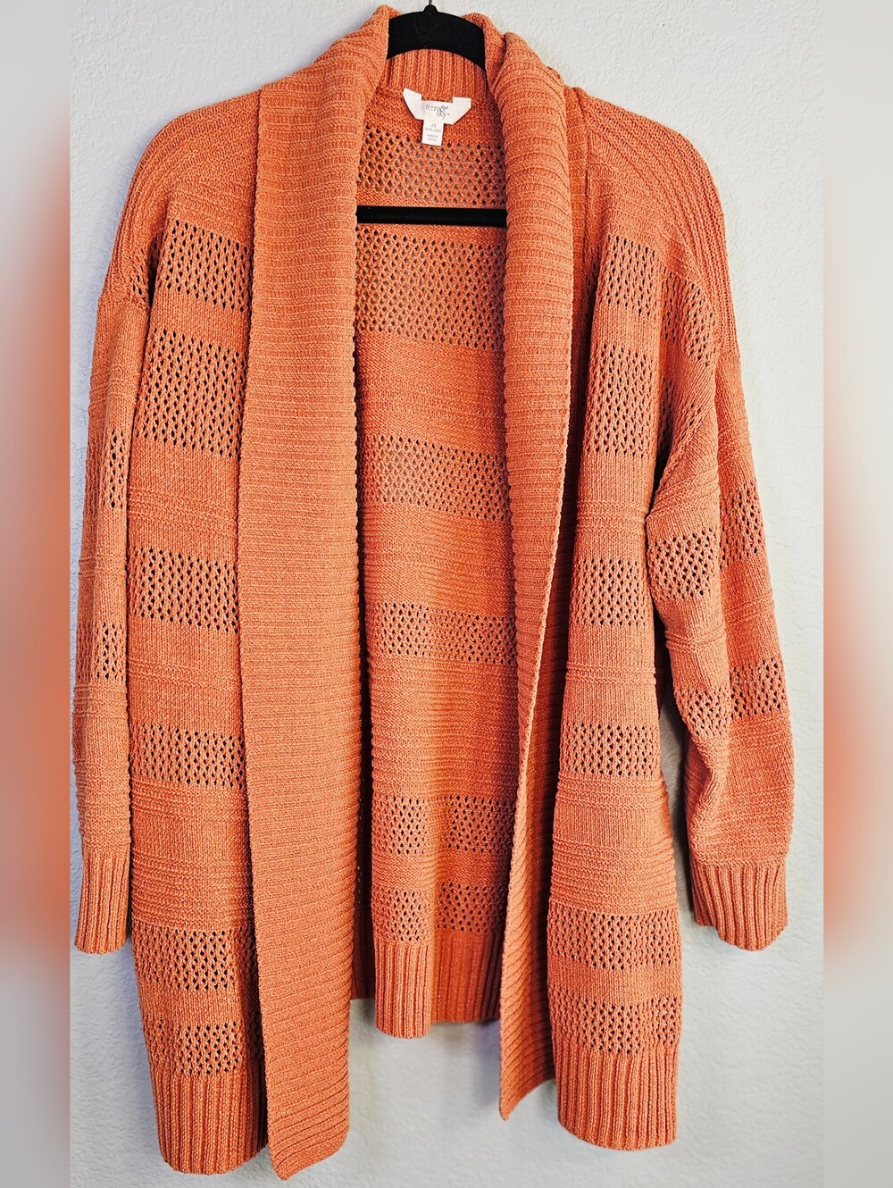 Terra & Sky Open Front Cardigan Sweater 2X Rust Orange Pointelle Knit